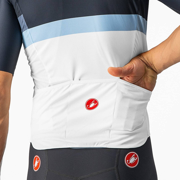 Maillot Castelli A Blocco azul y blanco: comodidad y estilo para tus rutas en bici