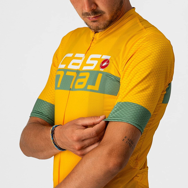 Maillot corto Castelli Scorpione 2 en verde y amarillo, comodidad y estilo para tus rutas en bici