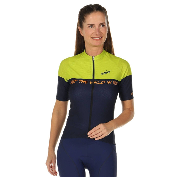 Maillot corto de ciclismo para mujer NALINI en azul oscuro y amarillo neón