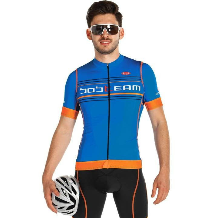 Maillot corto BOBTEAM Scatto en azul y naranja neón para ciclistas que buscan estilo y comodidad
