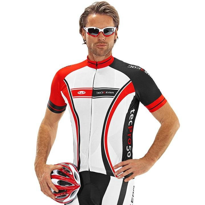 Maillot BOBTEAM tecPro50: ciclismo cómodo y fresco en rojo, negro y blanco