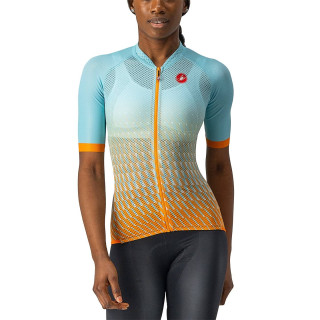 Maillot corto mujer Castelli Climber's 2.0 en naranja y azul claro, ideal para tus rutas de montaña