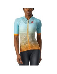 Maillot corto mujer Castelli Climber's 2.0 en naranja y azul claro, ideal para tus rutas de montaña