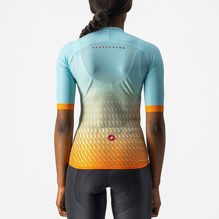 Maillot corto mujer Castelli Climber's 2.0 en naranja y azul claro, ideal para tus rutas de montaña