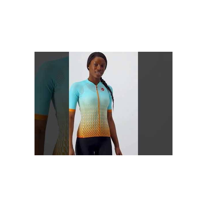 Maillot corto mujer Castelli Climber's 2.0 en naranja y azul claro, ideal para tus rutas de montaña