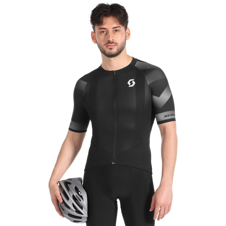Maillot corto SCOTT RC Premium Climber en negro y blanco, ideal para ciclistas exigentes