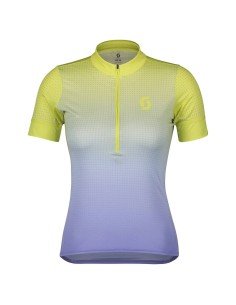 Maillot corto para mujer SCOTT Endurance 15 en amarillo y azul, ideal para tus rutas en bici