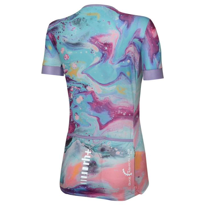 Maillot corto de ciclismo para mujer en lila y azul, cómodo y fresco