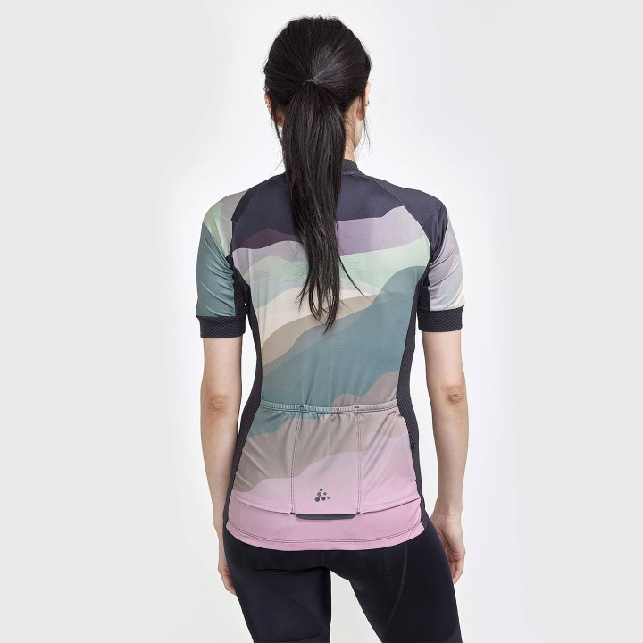 Maillot de ciclismo corto para mujer CRAFT en gris y turquesa, ideal para pedalear con estilo y comodidad