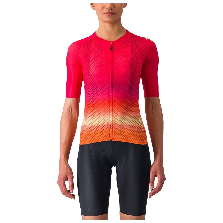 Maillot corto mujer Castelli Climber's 4.0 en naranja y rojo, ideal para ciclistas