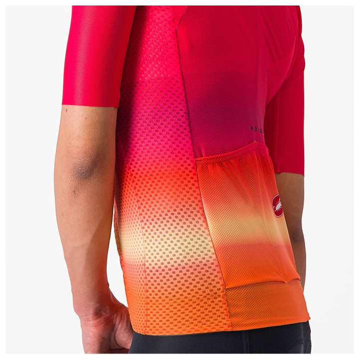 Maillot corto mujer Castelli Climber's 4.0 en naranja y rojo, ideal para ciclistas