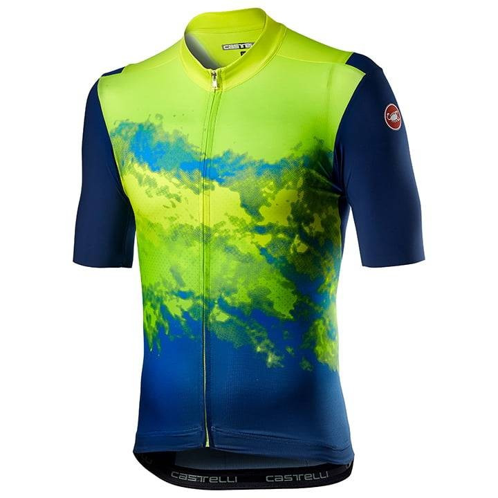Maillot corto CASTELLI azul y amarillo neón, ideal para ciclistas que buscan comodidad y estilo