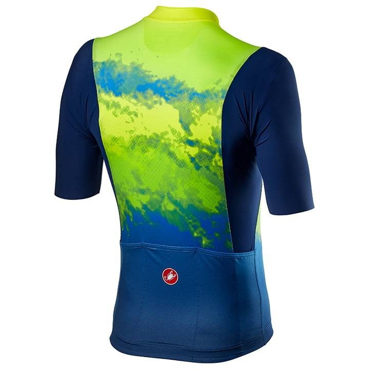 Maillot corto CASTELLI azul y amarillo neón, ideal para ciclistas que buscan comodidad y estilo