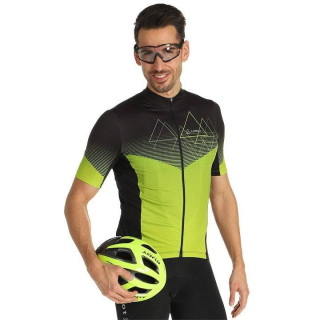 Maillot corto LÖFFLER Peaks negro y amarillo neón, ideal para ciclistas que buscan estilo y comodidad