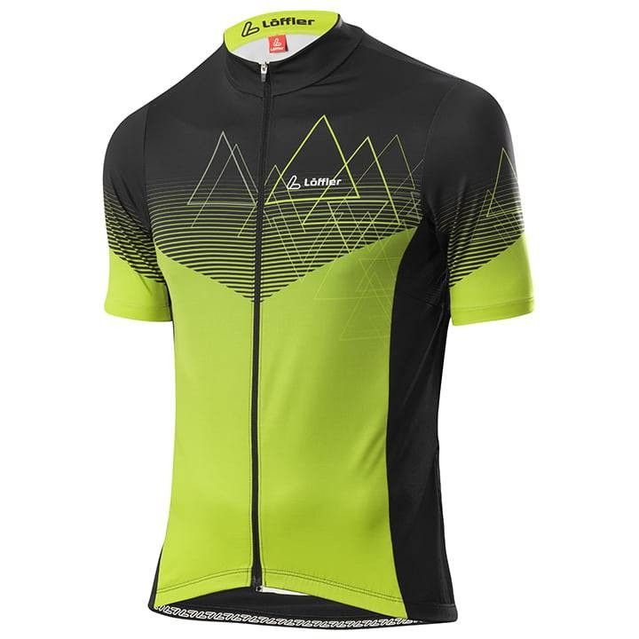 Maillot corto LÖFFLER Peaks negro y amarillo neón, ideal para ciclistas que buscan estilo y comodidad
