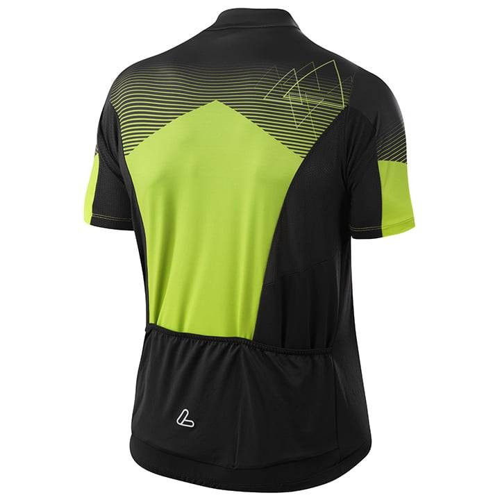 Maillot corto LÖFFLER Peaks negro y amarillo neón, ideal para ciclistas que buscan estilo y comodidad