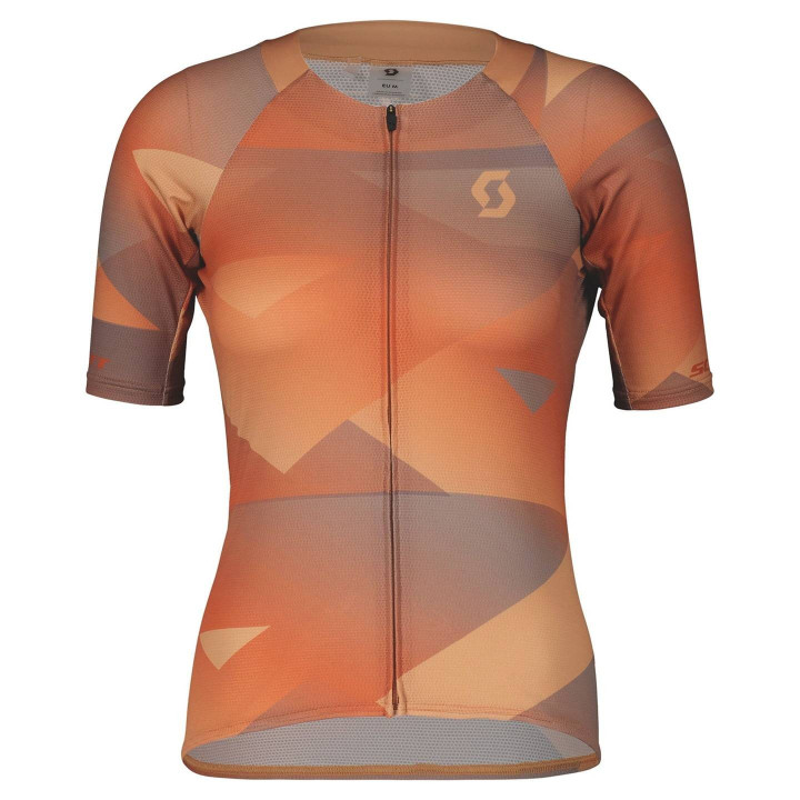 Maillot corto mujer SCOTT RC Premium Climber en naranja y beige, ideal para días calurosos