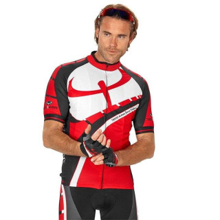 Maillot corto BOBTEAM RACE EDITION en rojo, negro y blanco para ciclistas que buscan estilo y frescura