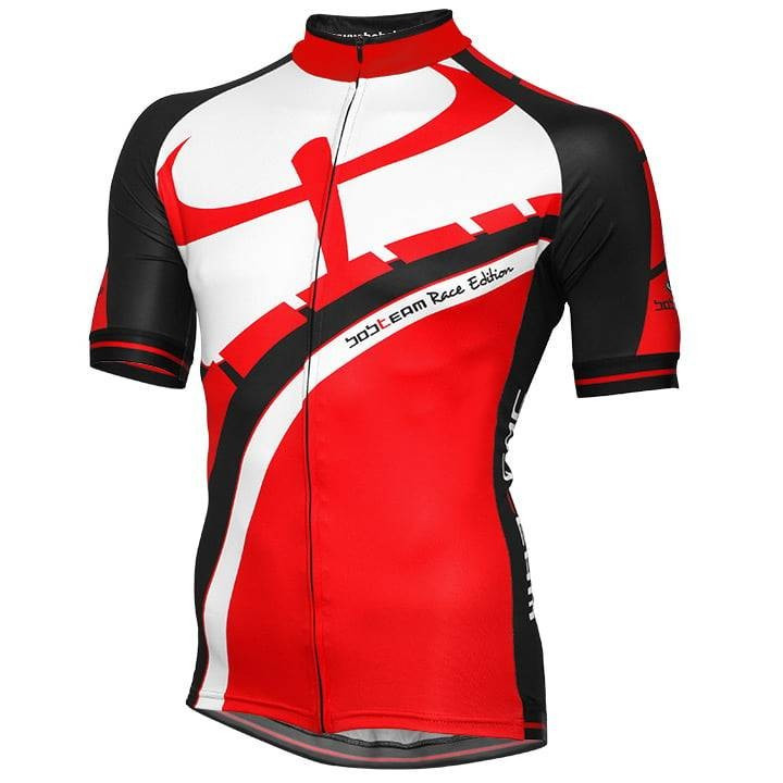 Maillot corto BOBTEAM RACE EDITION en rojo, negro y blanco para ciclistas que buscan estilo y frescura