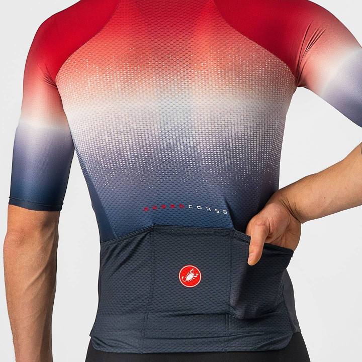 Maillot Aero Race 6.0 rojo-azul de CASTELLI, comodidad y frescura para tus rutas en bici