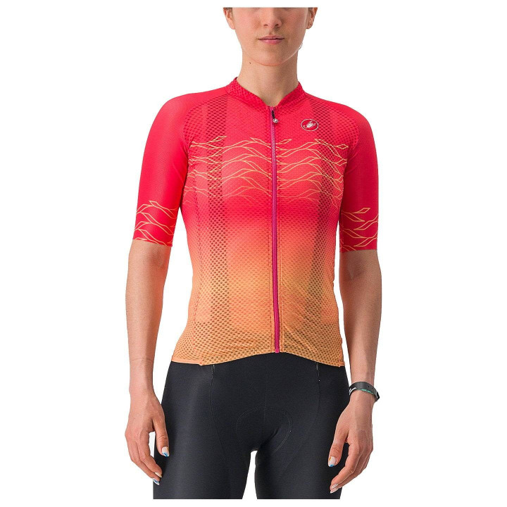 Maillot corto mujer Castelli Climber's 2.0 en naranja y rojo, ideal para ciclistas