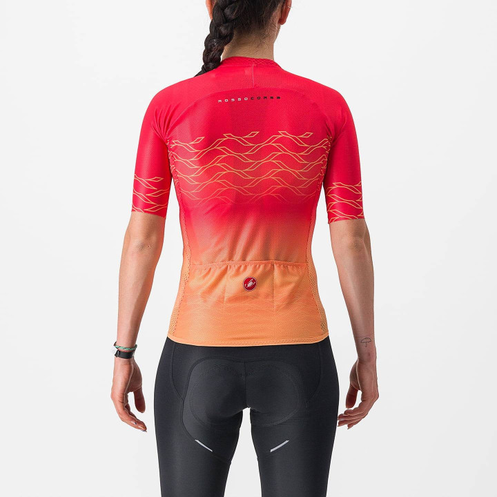 Maillot corto mujer Castelli Climber's 2.0 en naranja y rojo, ideal para ciclistas