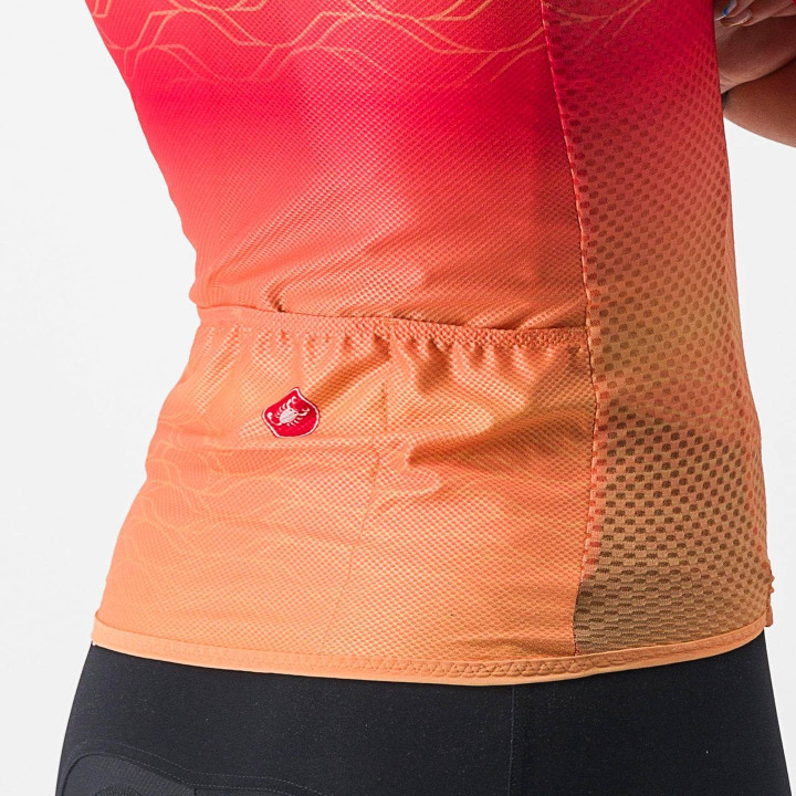 Maillot corto mujer Castelli Climber's 2.0 en naranja y rojo, ideal para ciclistas