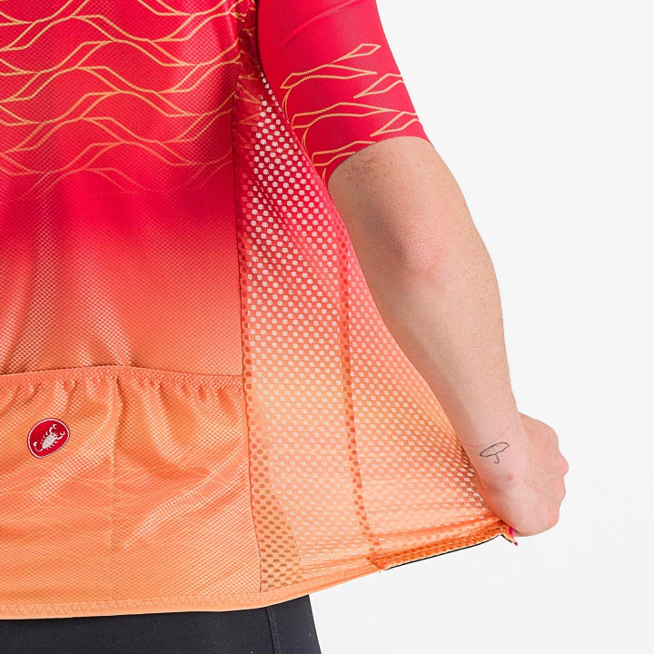 Maillot corto mujer Castelli Climber's 2.0 en naranja y rojo, ideal para ciclistas