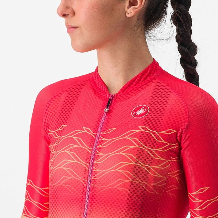 Maillot corto mujer Castelli Climber's 2.0 en naranja y rojo, ideal para ciclistas