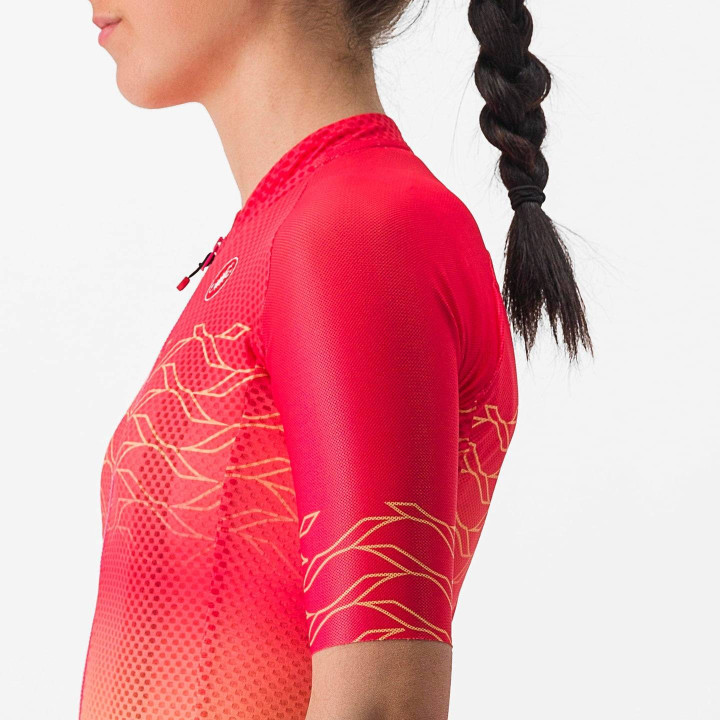 Maillot corto mujer Castelli Climber's 2.0 en naranja y rojo, ideal para ciclistas
