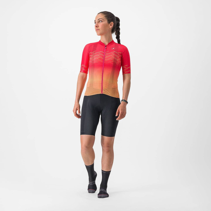 Maillot corto mujer Castelli Climber's 2.0 en naranja y rojo, ideal para ciclistas