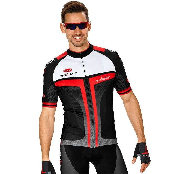 Maillot corto BOBTEAM Evolution 2.0 en rojo y negro, ideal para ciclistas en busca de comodidad y estilo