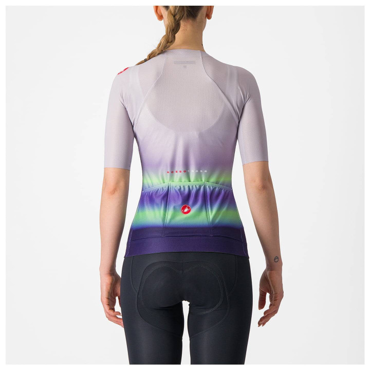 Maillot corto para mujer CASTELLI Climber's 4.0 en lila y verde, ideal para ciclistas