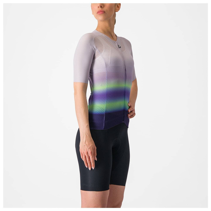 Maillot corto para mujer CASTELLI Climber's 4.0 en lila y verde, ideal para ciclistas