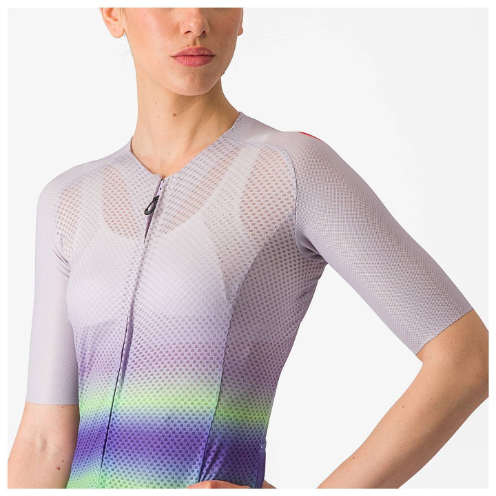 Maillot corto para mujer CASTELLI Climber's 4.0 en lila y verde, ideal para ciclistas