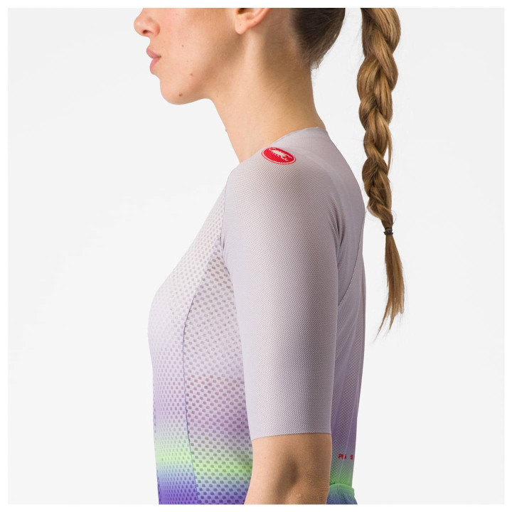 Maillot corto para mujer CASTELLI Climber's 4.0 en lila y verde, ideal para ciclistas