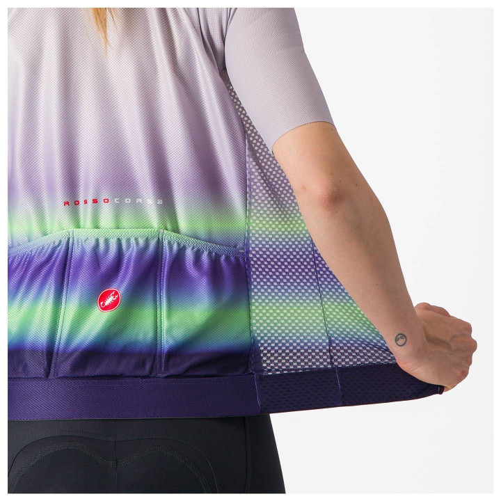 Maillot corto para mujer CASTELLI Climber's 4.0 en lila y verde, ideal para ciclistas