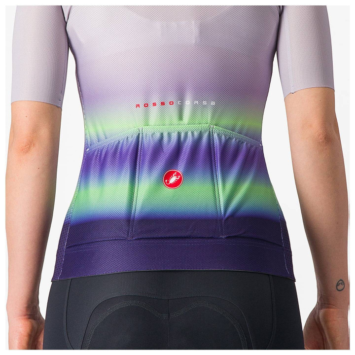 Maillot corto para mujer CASTELLI Climber's 4.0 en lila y verde, ideal para ciclistas