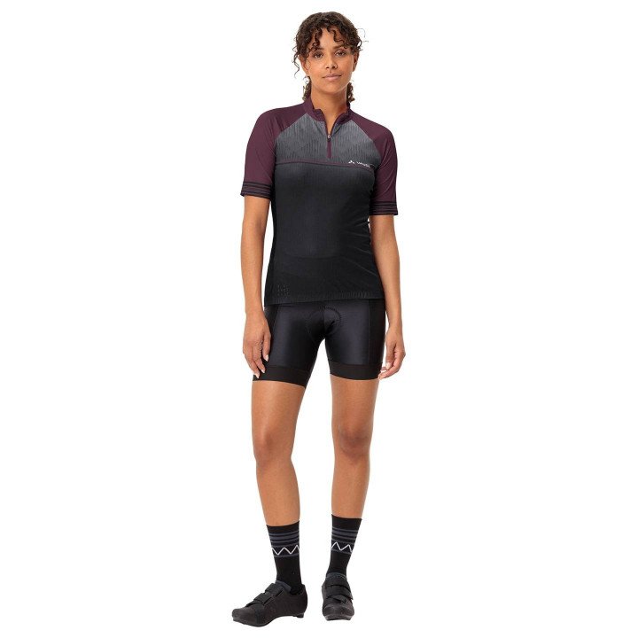 Maillot de ciclismo corto para mujer VAUDE en lila y negro, ideal para tus rutas