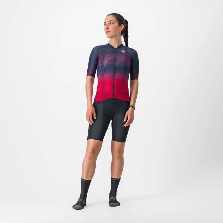Maillot corto mujer Castelli Climber's 2.0 en rojo y azul, ideal para tus rutas en bici