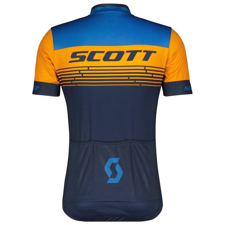 Maillot corto SCOTT RC Team 20 en naranja y azul, ideal para ciclistas activos