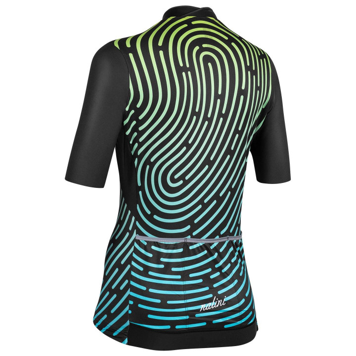 Maillot corto NALINI para mujer en negro y amarillo neón, ideal para ciclistas