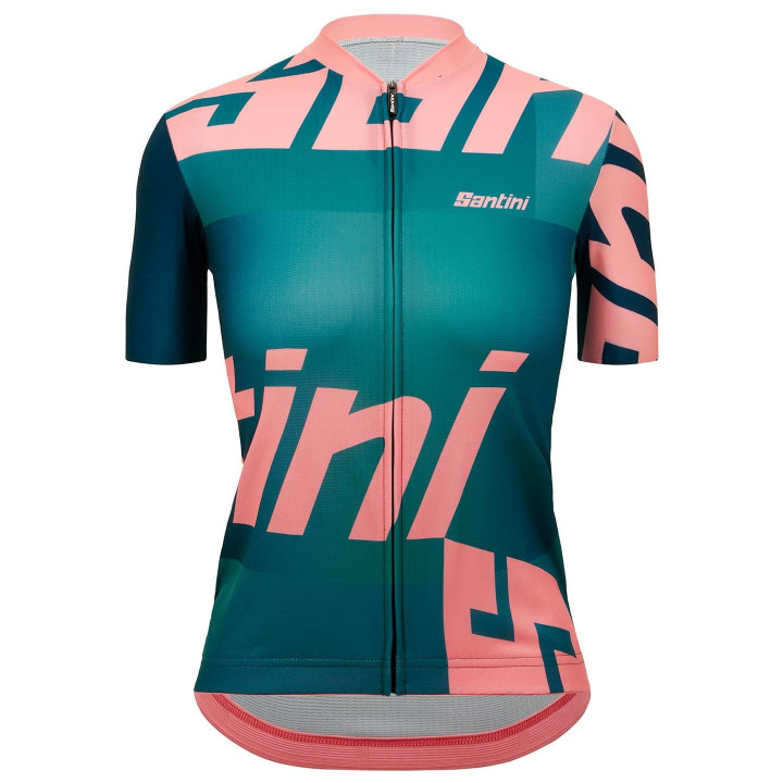 Maillot corto mujer SANTINI Karma Logo en fucsia y verde, comodidad y estilo para tus paseos en bici