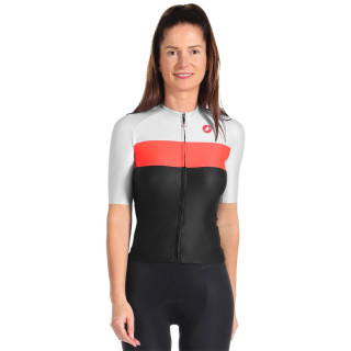 Maillot corto Aero Pro mujer en negro y naranja neón de CASTELLI para ciclistas que buscan estilo y comodidad