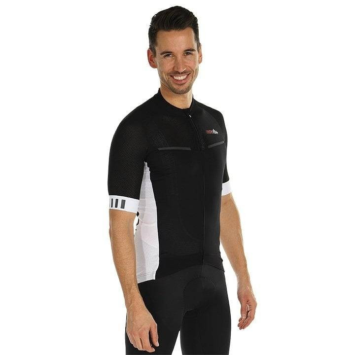 Maillot corto RH+ Watt en negro y blanco, ideal para ciclistas cómodos y frescos