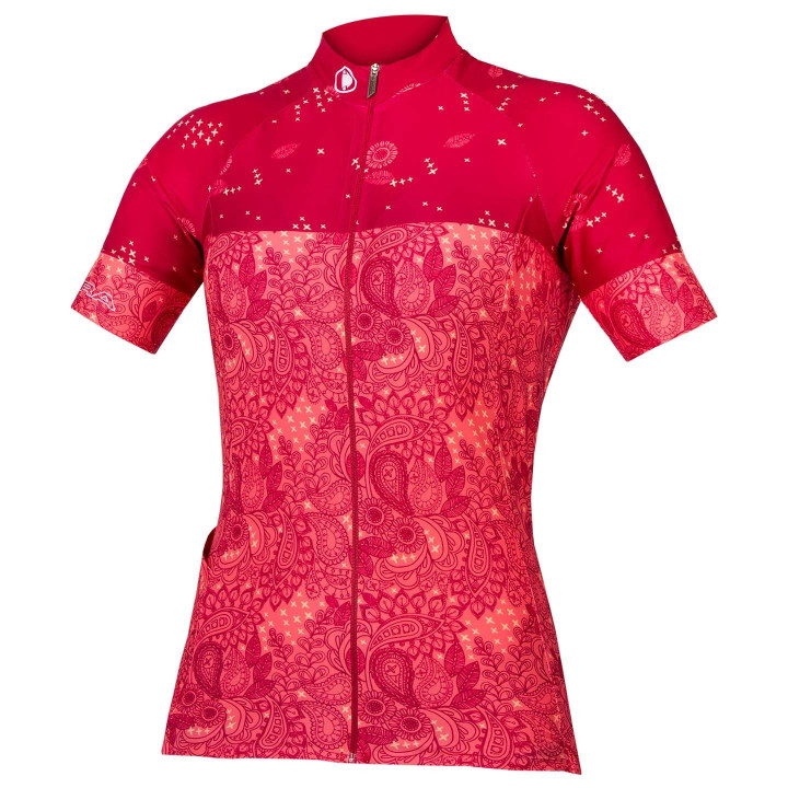 Maillot de ciclismo corto para mujer en fucsia paisley, cómodo y fresco