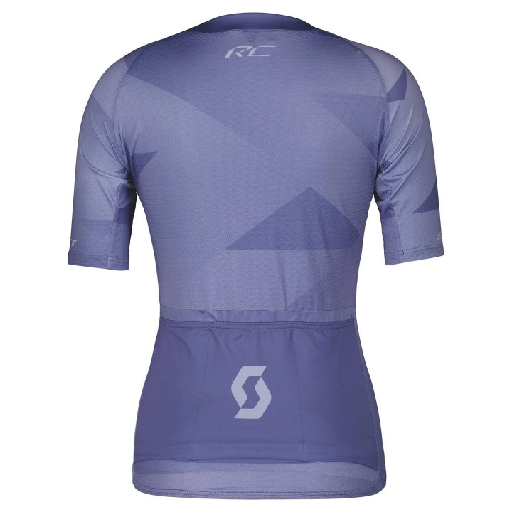 Maillot corto mujer SCOTT RC Premium Climber en lila y azul, ideal para ciclistas