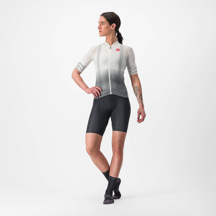Maillot corto para mujer CASTELLI Climber's 2.0 en gris y blanco, ideal para ciclistas que buscan estilo y comodidad