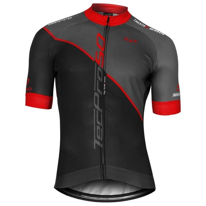 Maillot de ciclismo corto BOBTEAM tecPro50 en rojo y negro, ideal para mantenerte fresco y seco