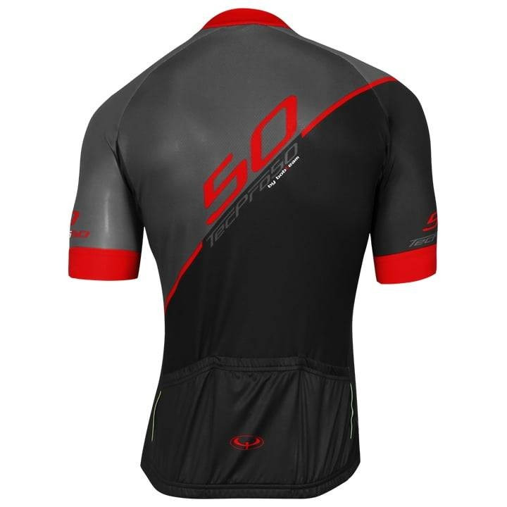 Maillot de ciclismo corto BOBTEAM tecPro50 en rojo y negro, ideal para mantenerte fresco y seco
